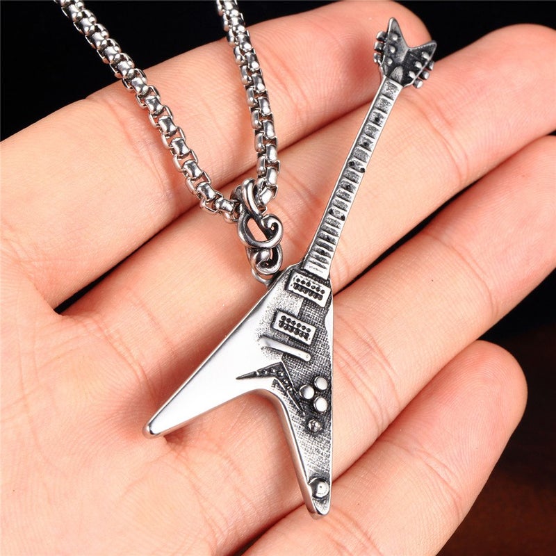 PAMTIER Men's Stainless Steel Retro Electric Guitar Pendant Punk Necklace with Chain - Image 5